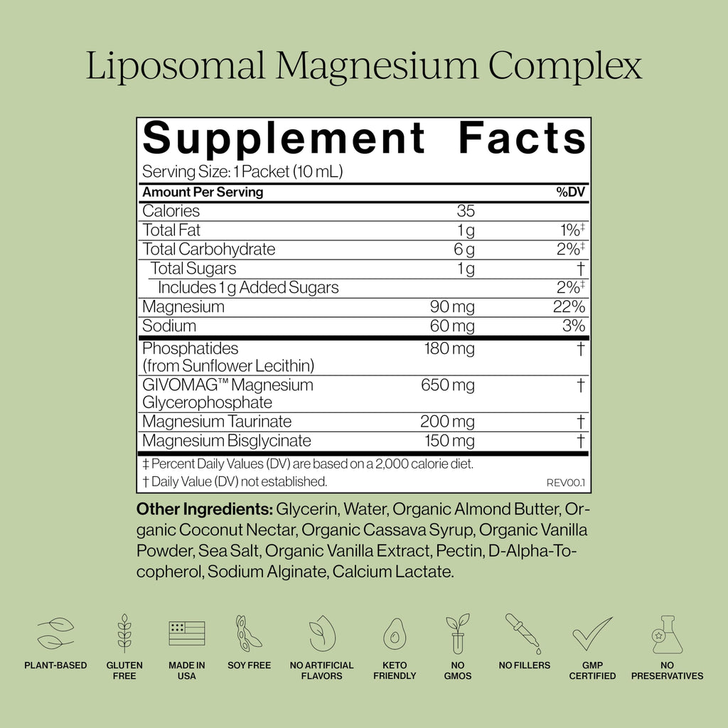 CYMBIOTIKA Liposomal Magnesium Complex for Sleep, Calm, Relax & Recovery | 3 forms: taurate, bisglycinate & glycerophosphate. Highly absorbable, stomach-friendly. Vanilla Almond, 28 pouches. Vegan.