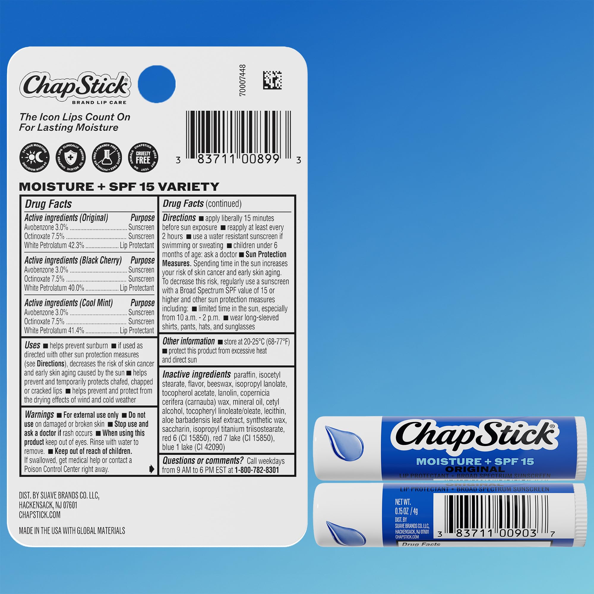 ChapStick Moisture + SPF 15 Lip Balm Sunscreen Variety 5-Pack, 0.15 Oz Ea | Variety 3-Pack (1 Original, 1 Cool Mint, and 1 Black Cherry) + 2 Original Moisture Lip Moisturizers with Sun Protection