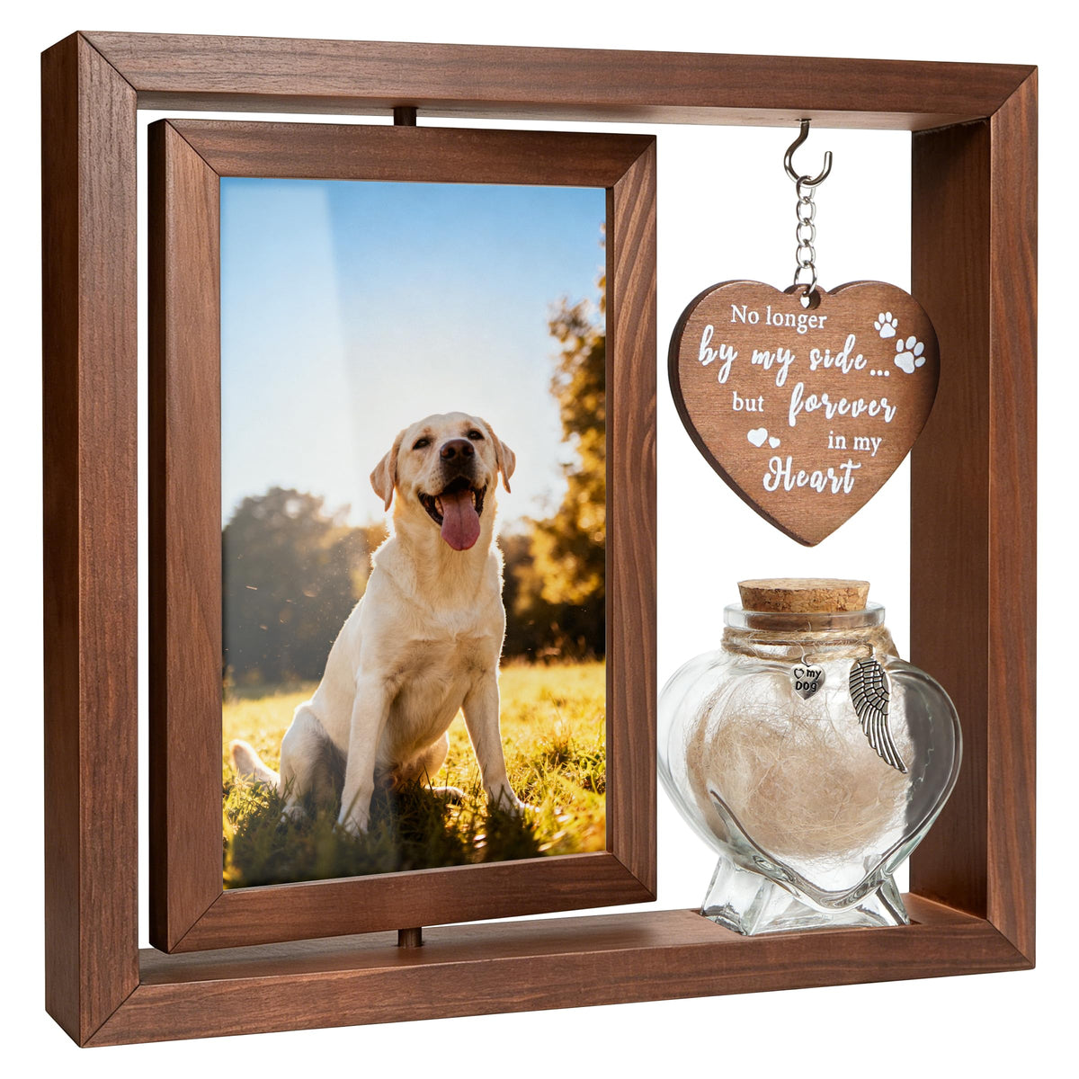 Dog Memorial Gifts for Loss of Pet - Rotating Wooden Frame for 4x6 Photo & Fur Hair Jar - Sympathy Gift for Pet Bereavement, Remembrance Keepsake - Rainbow Bridge Gift for Dog Lovers & Cat Lovers