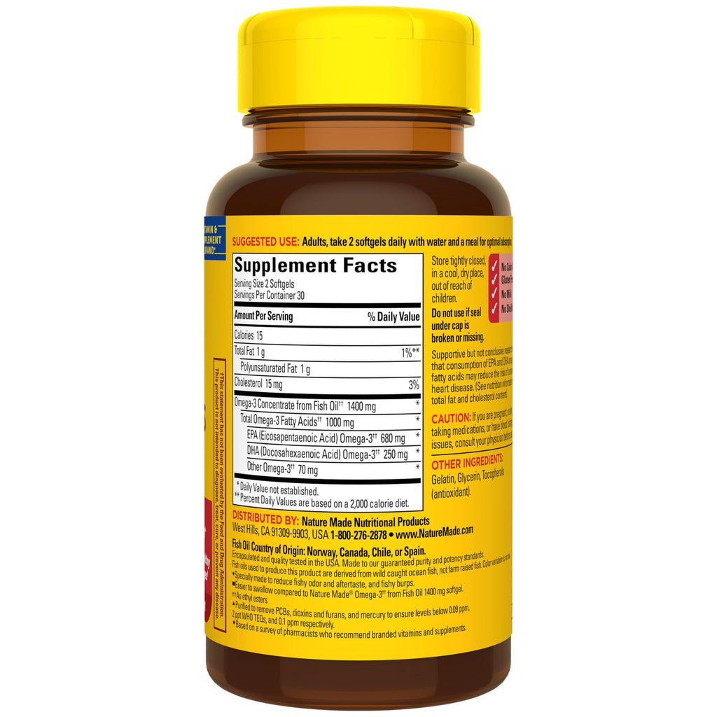 Nature Made Burp Less Fish Oil Omega 3, 1400 mg Minis, 60 Softgels | Extra Strength Dosage Omega 3 Supplements, Omega 3 Fish Oil as Ethyl Esters for Healthy Heart, Brain, Eye Support, 30 Days