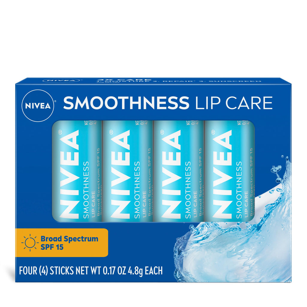 NIVEA Smoothness Lip Care, Sunscreen Lip Balm with SPF 15, 4 x 0.17 OZ | Sunscreen Lip Balm with SPF 15, Shea Butter, Nourishing Oils and Vitamins, 3-in-1 Moisture, Repair Dry Lips and Sunscreen