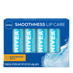 NIVEA Smoothness Lip Care, Sunscreen Lip Balm with SPF 15, 4 x 0.17 OZ | Sunscreen Lip Balm with SPF 15, Shea Butter, Nourishing Oils and Vitamins, 3-in-1 Moisture, Repair Dry Lips and Sunscreen