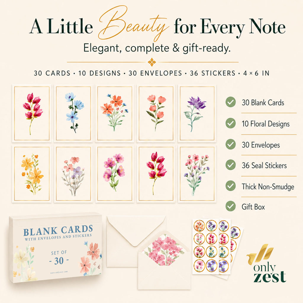 30 Premium Blank Cards with Envelopes & Stickers, 4x6 Inches
