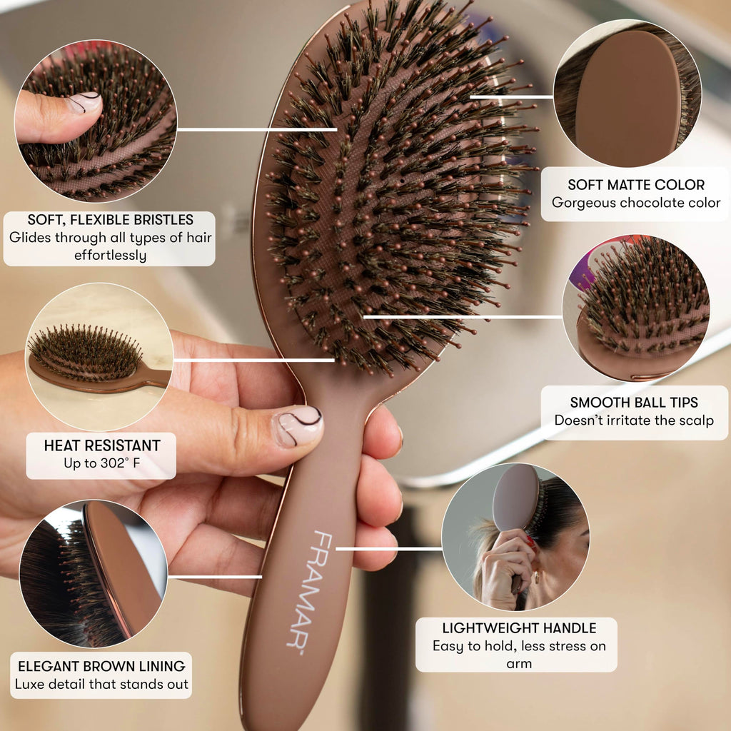 FRAMAR Soft Boar Bristle Hair Brush For Women, Boars Hair Brush For Women | Boar Brush For Fine Hair, Hairbrush For Fine Hair, Soft Bristle Brush For Slick Back, Volume and Shine, Chocolate