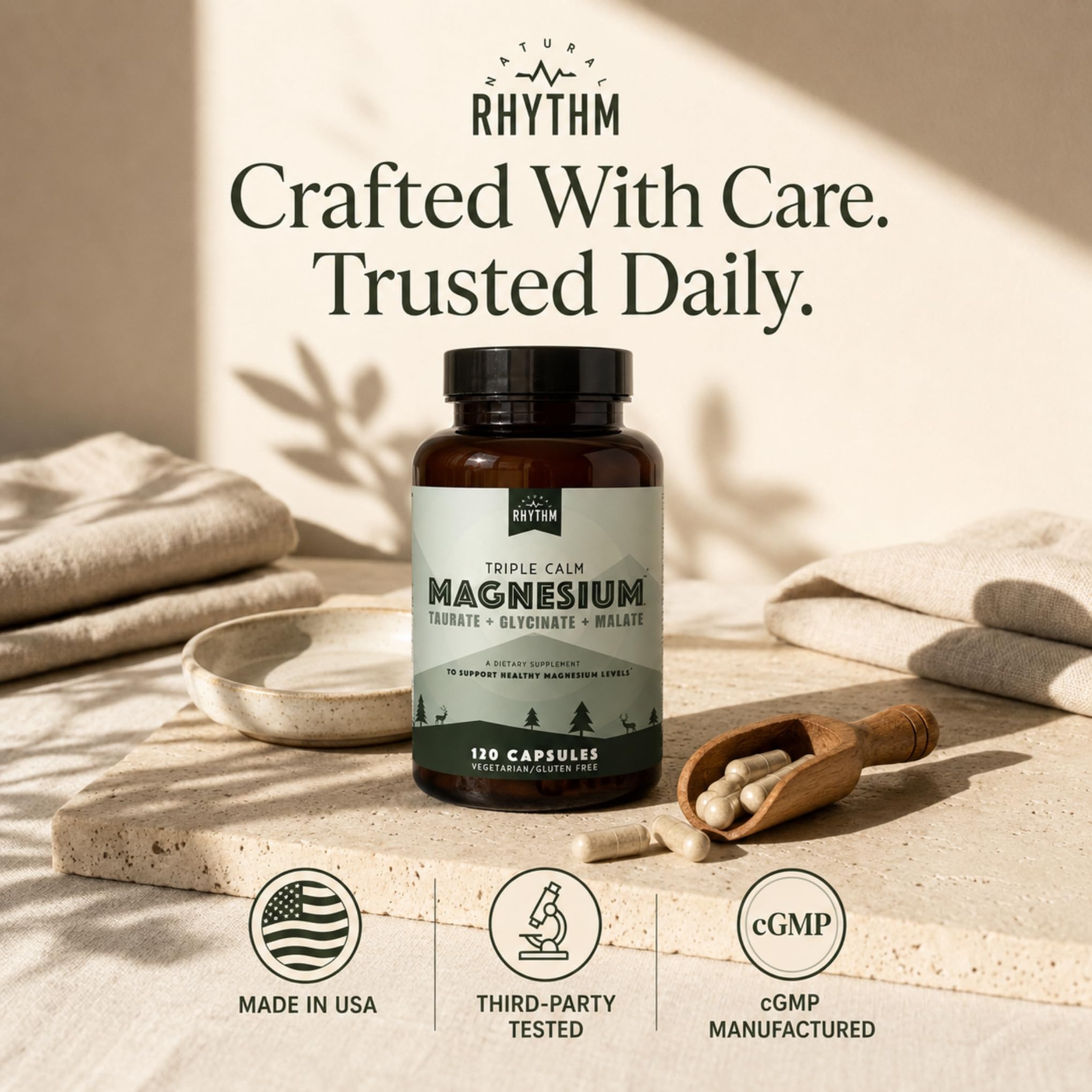 Natural Rhythm Triple Calm Magnesium Complex - 120 Capsules, Chelated Magnesium Glycinate, Taurate & Malate, High Absorption Supplement for Sleep, Stress, Muscle & Heart Support, Non-GMO, Vegan