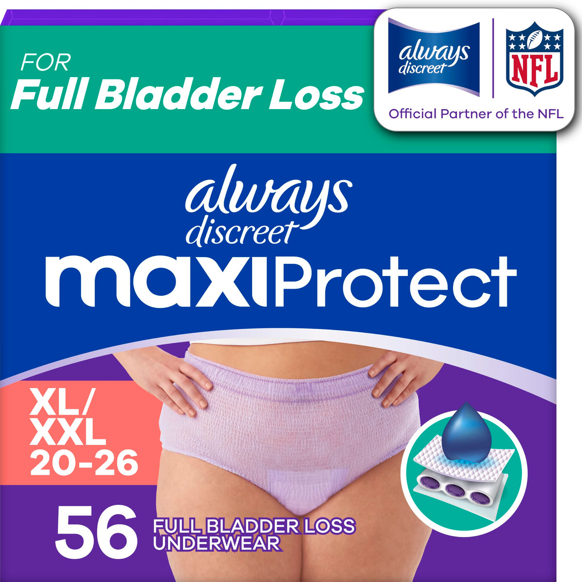 Always Discreet MaxiProtect Adult Diapers for Women, Incontinence Underwear, Scented, Postpartum Essentials, Bladder Leak Protection, Disposable Briefs, Maximum Plus Absorbency, Size XL/XXL, 56 Count