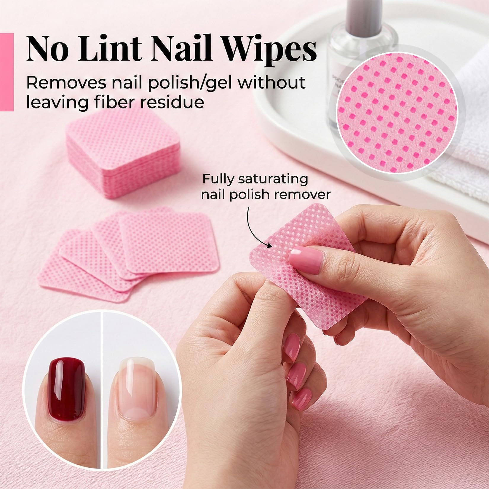 MAQIHAN 600 Lint Free Nail Wipes - Pink Nail Polish Remover Wipes Lint Free Nail Wipes Pads for Gel Nails No Lint Nail Glue Wipes Eyelash Extensions Toallitas Para Uñas Sin Pelusa Nail Supplies