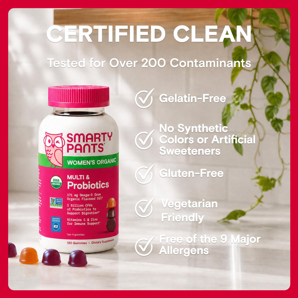 SmartyPants Organic Women's Multivitamin Gummies: Biotin, Probiotics, Methylfolate, Omega 3 (ALA), Vitamin D3, C, Vitamin B12, B6, A, K & Zinc, Inositol, Gluten Free, 120 Count (30 Day Supply)
