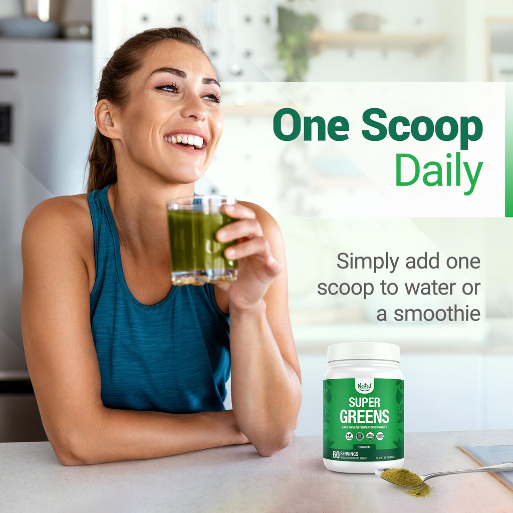 Nested Naturals Super Greens Daily Superfood Powder - Certified USDA Organic Green Powder w/Whole Foods, Spirulina Powder, Wheat & Barley Grass - Probiotics, Fiber & Enzymes - Original, 60 Servings