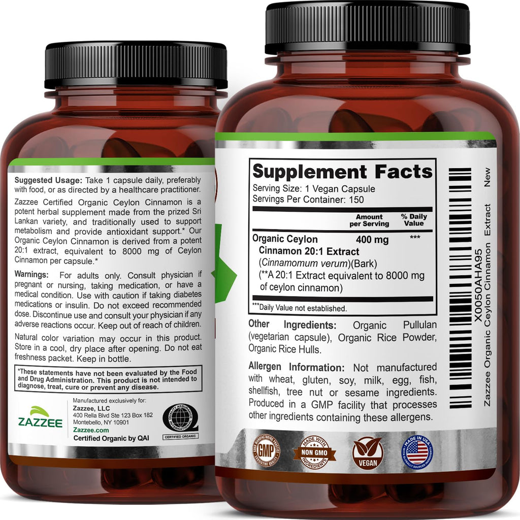 Zazzee USDA Organic Ceylon Cinnamon 20:1 Extract, 150 Capsules, Sri Lankan | Vegan, 5 Month Supply, Cinnamomum Verum, Antioxidant & Metabolic Support, All-Natural, Non-GMO, Made in the USA