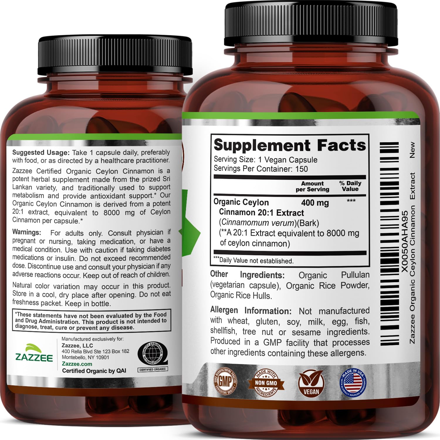 Zazzee USDA Organic Ceylon Cinnamon 20:1 Extract, 150 Capsules, Sri Lankan | Vegan, 5 Month Supply, Cinnamomum Verum, Antioxidant & Metabolic Support, All-Natural, Non-GMO, Made in the USA