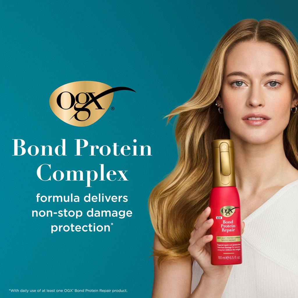 OGX Bond Protein Repair 450°F Heat Protect Spray, 6.5 fl. oz | Weightless Repair Mist, Nonstop Damage Protection*, All Hair Types, Heat Spray, Preps Hair for Styling