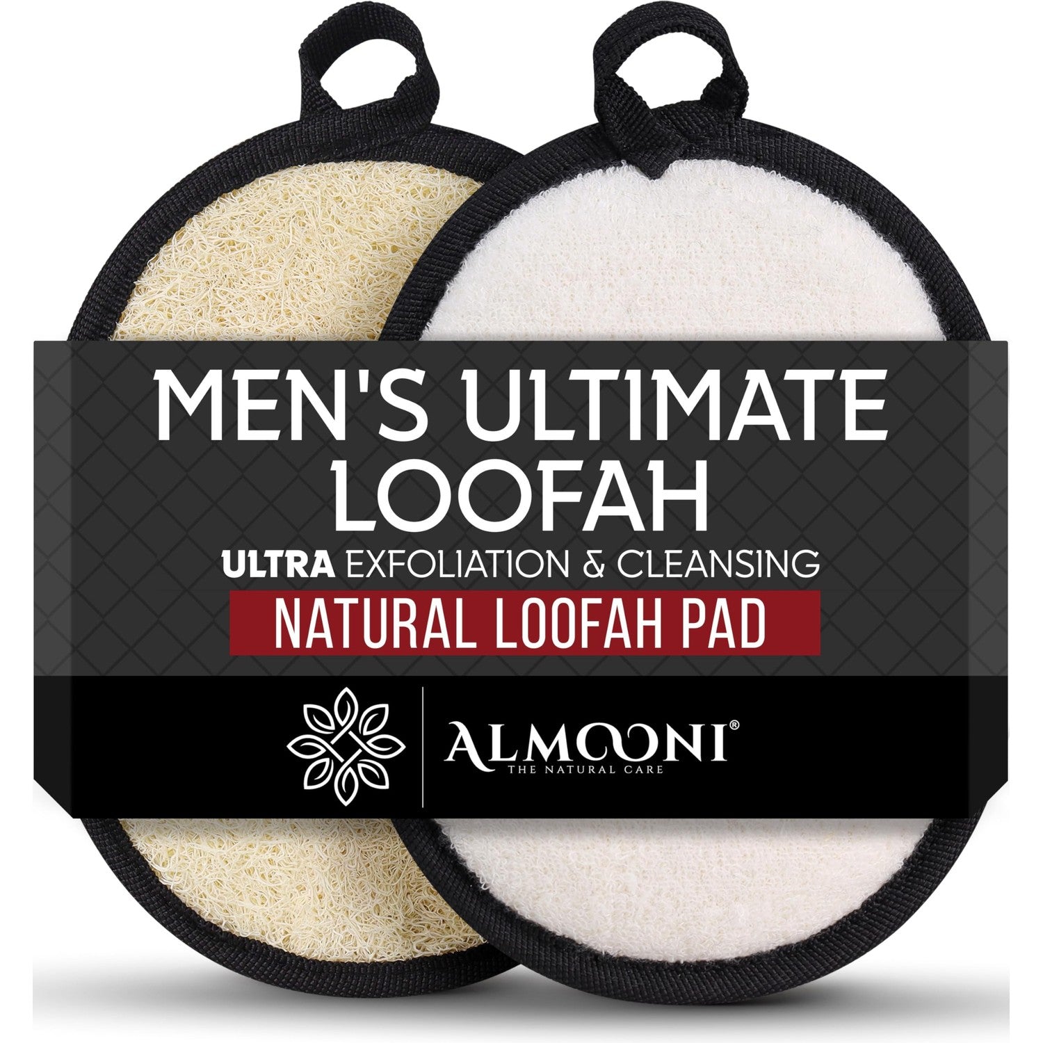 ALMOONI Loofah Sponge Body Scrubber for Men, Gray, 2 Count | Natural Egyptian Loofah with Handle Strap, Dual-Sided with Cotton Back, Exfoliating Body Scrubber Loofah for Men