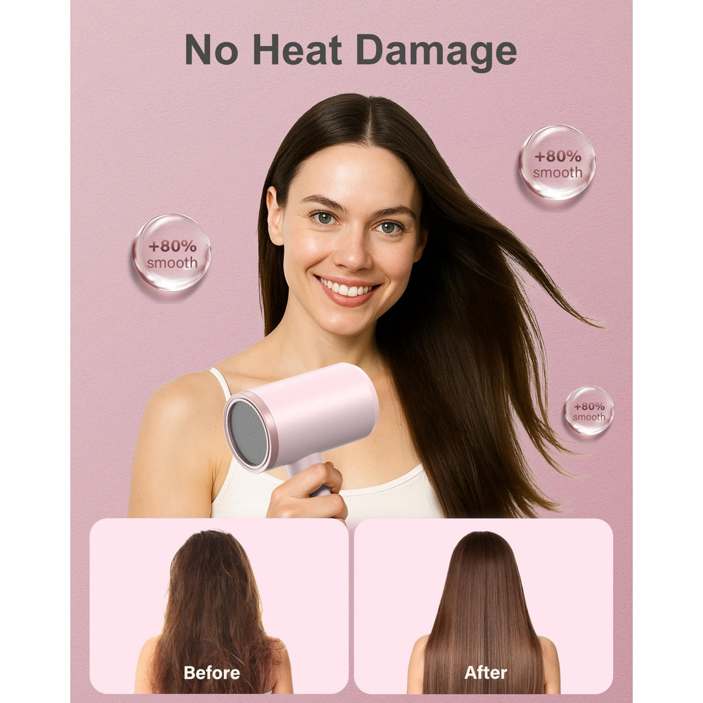 ANNLARY Hair Dryer with Comb, ANNLARY 1800W Blow Dryer with Diffuser for Curly Hair, Plasma Ionic Hair Dryer for Frizz Control, Foldable Portable Low Noise Hairdryer, 6.5 ft ALCI Cord （Pink）