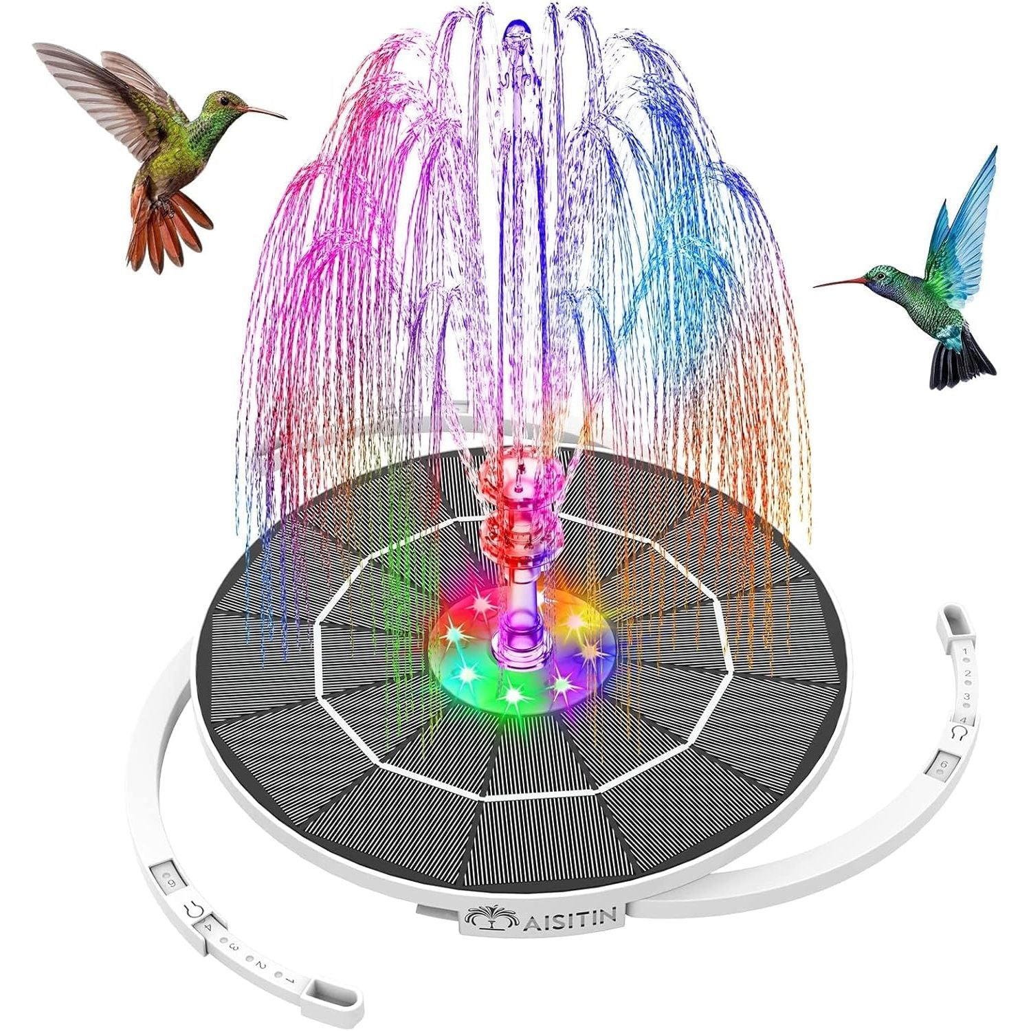 Buy now AISITIN 3.5W Solar Fountain Pump, LED Lighting Solar Water Pump Floating Fountain with 6 Nozzles, 1500mAh Battery Backup for Bird Bath, Fish Tank, Pond or Garden Decoration Solar Aerator Pump at indiglob india