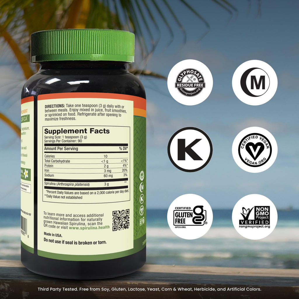 Nutrex Hawaii Pure Hawaiian Spirulina Powder, Vegan, Non-GMO, 9.53 oz | Spirulina Farm Grown in Kona, Hawaii, Non-GMO, Glyphosate Residue Free, 3rd Party Tested, 60% Protein, Superfood Supplement