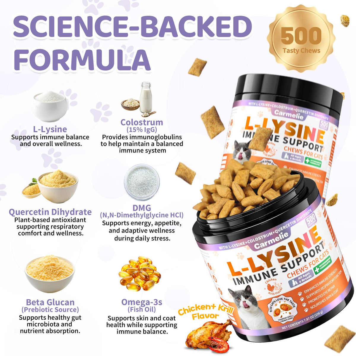 Lysine for Cats Treats for Immune Support with Colostrum, Omega-3, 500ct