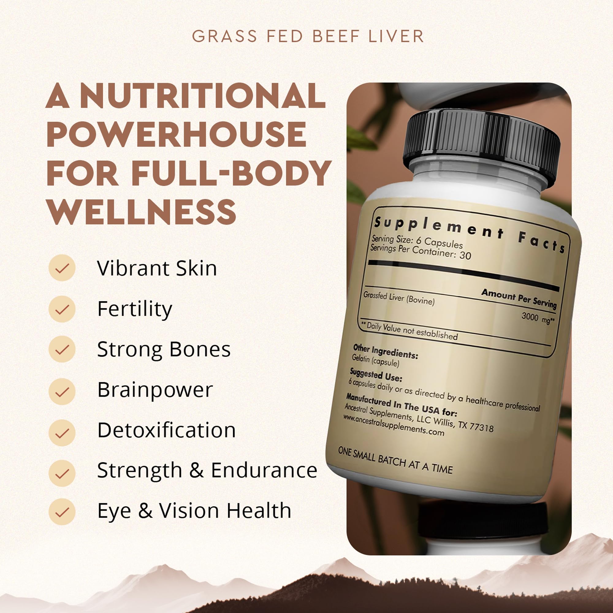 Ancestral Supplements Beef Liver Support Capsules, Iron & Energy, 180 Ct | Freeze-dried, Non-GMO Liver Rich in Heme Iron, Vitamin A & B12; Grass-fed, Desiccated, Vital Liver Support, Natural Liver