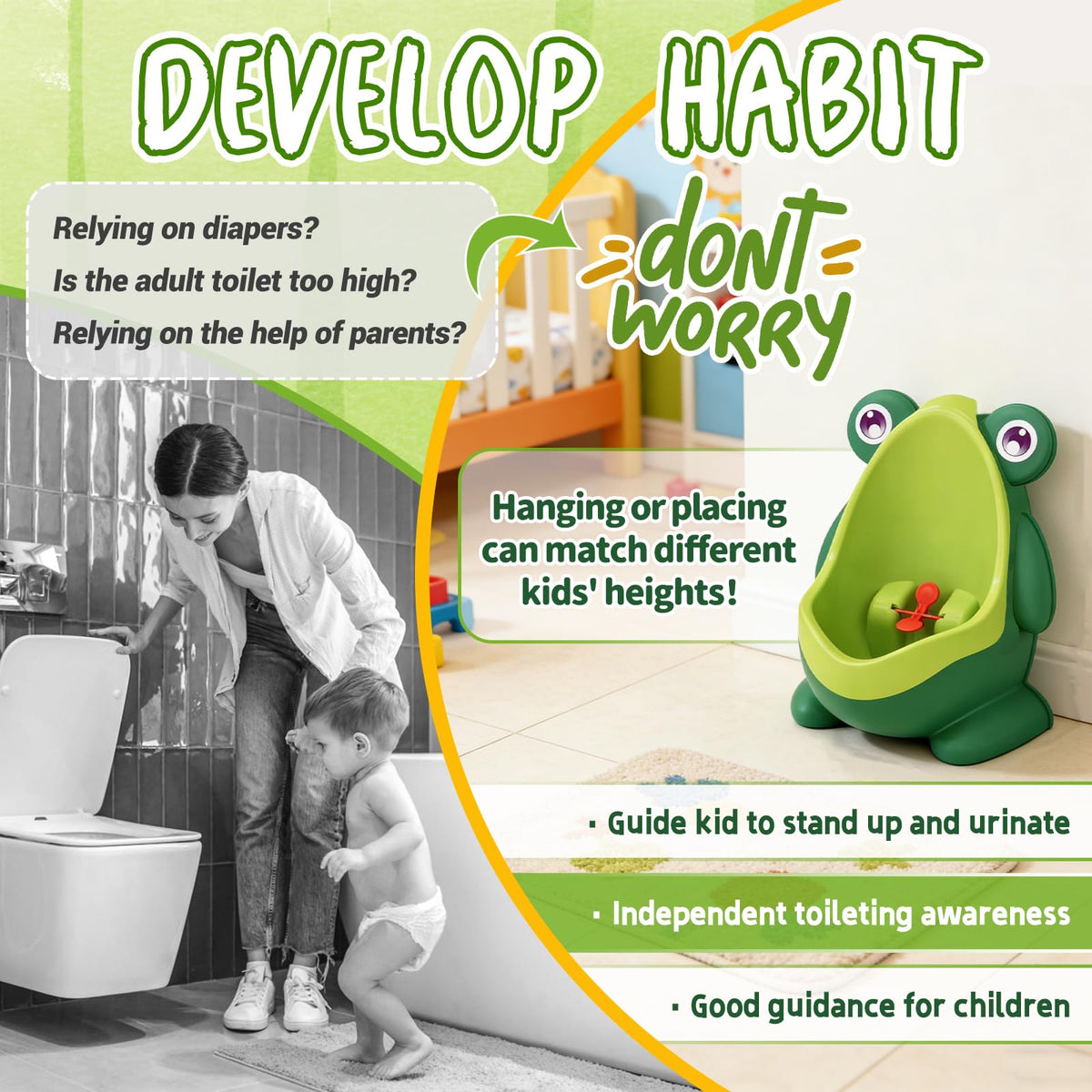 Frog Pee Training,Cute Potty Training Urinal for Boys with Funny Aiming Target,Green Urinals for Toddler Boy