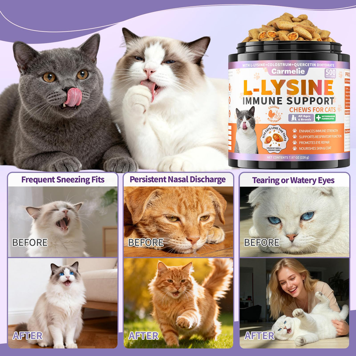 Lysine for Cats Treats for Immune Support with Colostrum, Omega-3, 500ct
