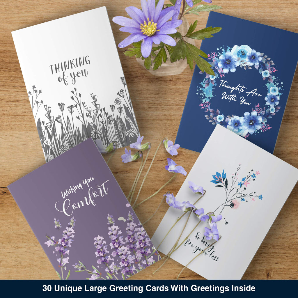 Dessie 30 Unique Sympathy Cards With Greetings Inside. 30 Different, Large Greeting Cards With Envelopes and Matching Sealing Stickers. Includes Sturdy Storage Box.