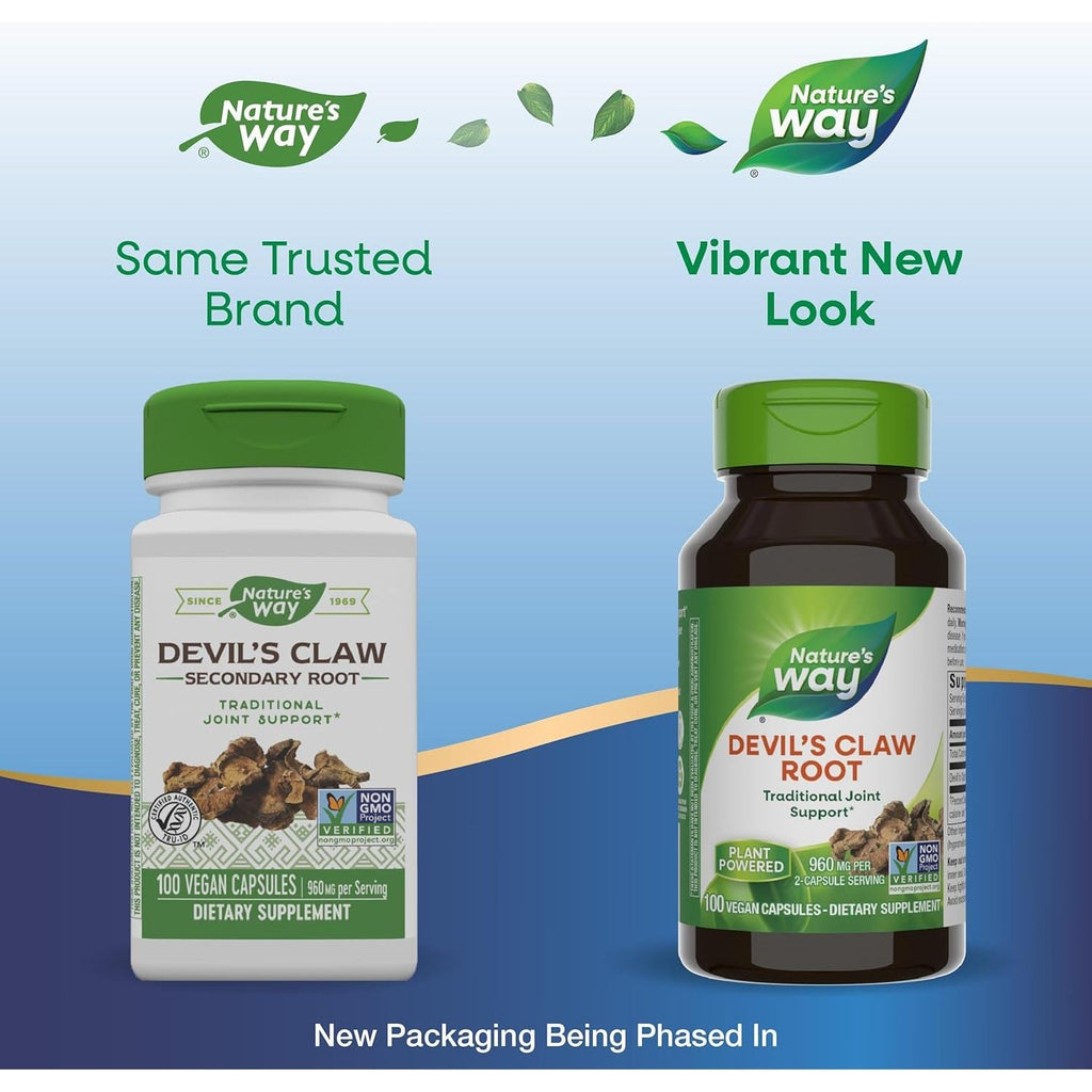 Buy now Natureâ€™s Way Devil's Claw Root, Traditional Joint Support*, 960 mg per 2-Capsule Serving, Gluten-Free, Non-GMO Project Verified, 100 Vegan Capsules (Packaging May Vary) at indiglob india