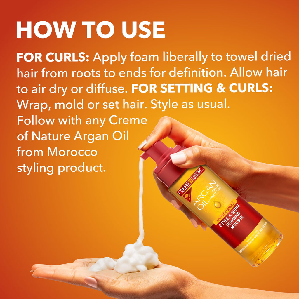 Creme of Nature Style & Shine Foaming Mousse, Defines Curls & Controls Frizz, Moisturizes Hair while Adding Shine with Argan Oil from Morocco, 7 fl oz