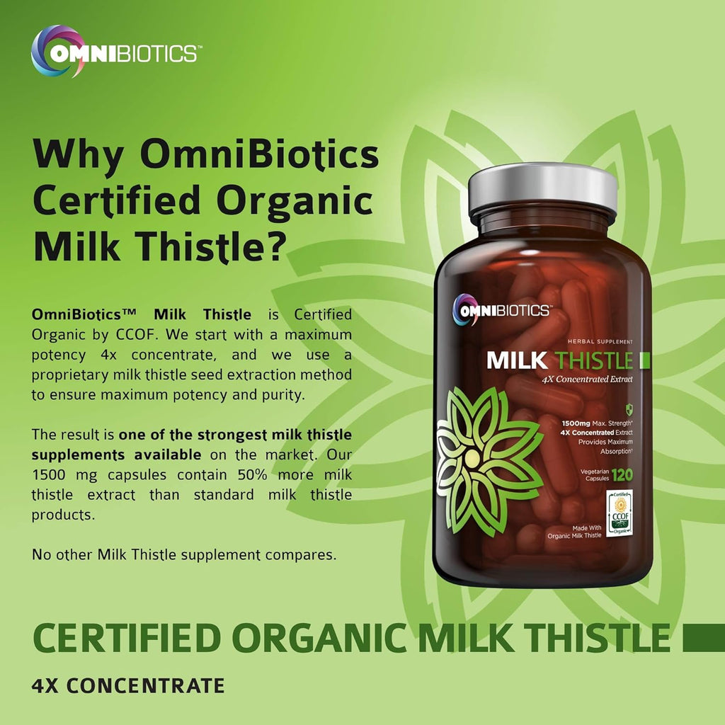 Buy now OmniBiotics Organic Milk Thistle Supplement 1500mg â€“ 4X Concentrated Extract with Silymarin â€“ High Potency Liver Detox & Support â€“ 120 Vegan Capsules at indiglob india