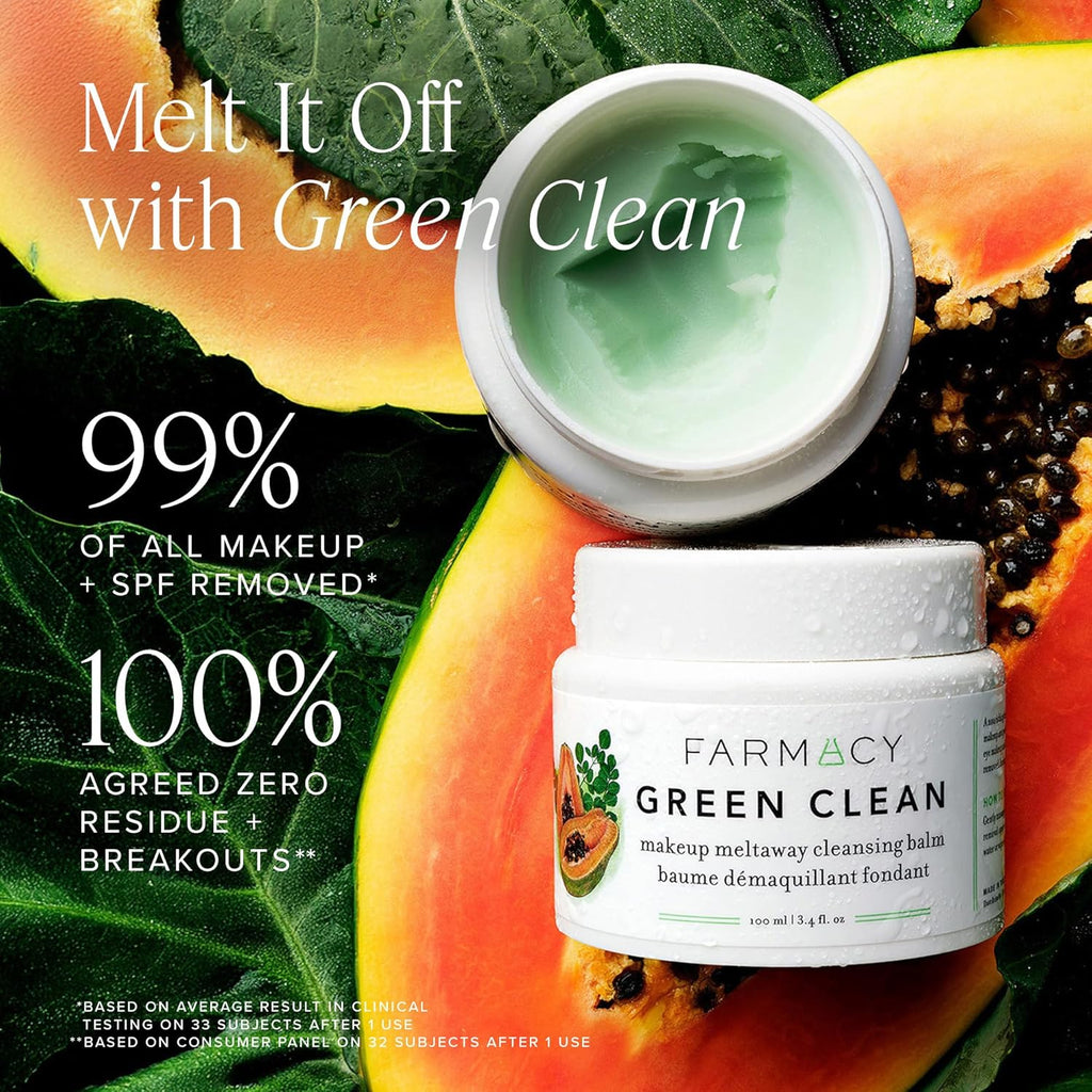 Buy now Farmacy Makeup Remover Cleansing Balm - Green Clean Waterproof Makeup Remover + Oil Based Cleanser - Gentle Exfoliating Double Cleanser - Melts From Balm to Milky Lather (100ml) at indiglob india