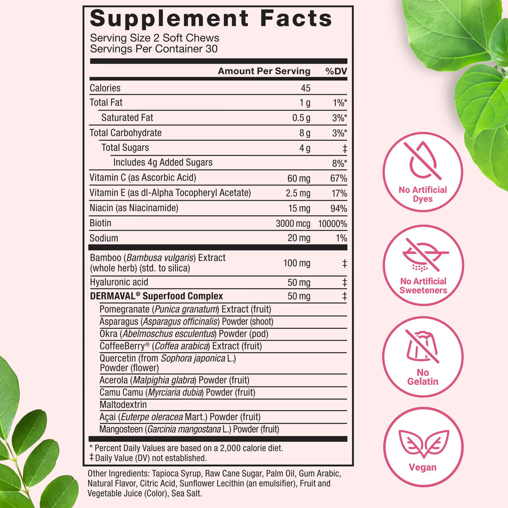 Force Factor Collagen Boosting Superfoods, Vegan Collagen Booster for Women | with Biotin, Hyaluronic Acid, and Vitamin C, for Hair, Skin, Nails, & Joint Support, Tropical Fruit, 60 Soft Chews