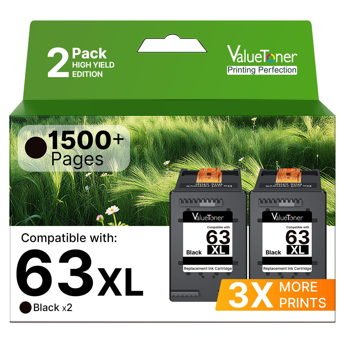 63XL Black Ink Cartridge Compatible for HP 63 Black Ink Cartridge 2-Black
