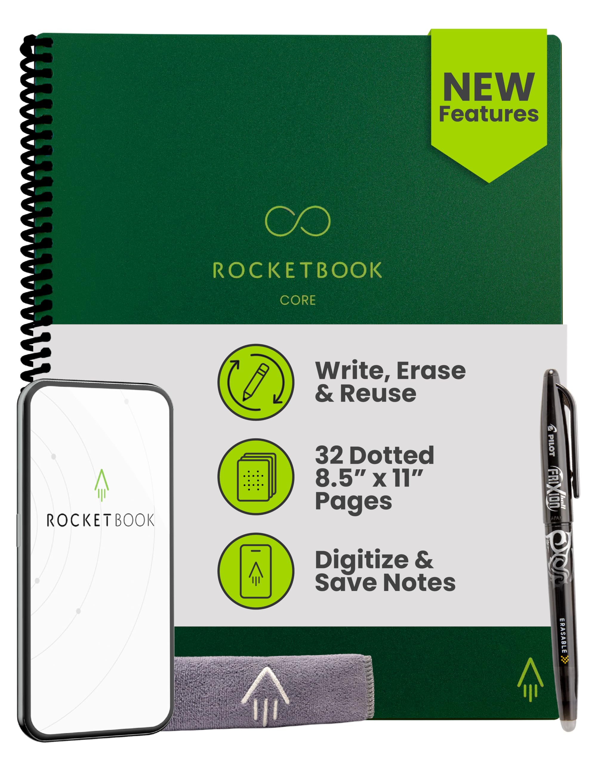 Buy now Rocketbook Core Reusable Spiral Notebook, Letter Size 8.5x11, Black - Dotted Pages, App-Connected, Erasable, Durable Cover, Ideal for School, Work, and Creative Projects at indiglob india