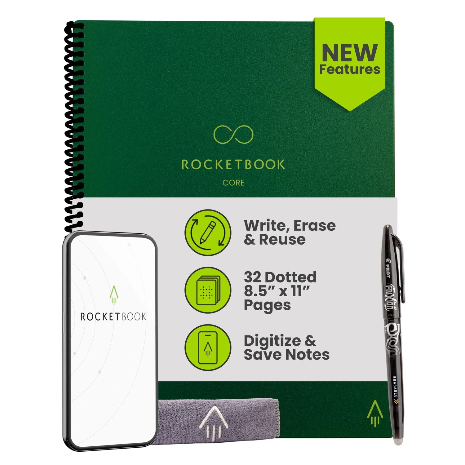 Buy now Rocketbook Core Reusable Spiral Notebook, Letter Size 8.5x11, Black - Dotted Pages, App-Connected, Erasable, Durable Cover, Ideal for School, Work, and Creative Projects Premium Letter Green at indiglob india