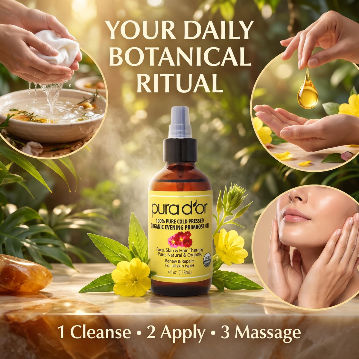 PURA D'OR Organic Evening Primrose Oil 100% Pure Cold Pressed w/Essential Fatty Acids & Antioxidant Rich - Moisturizes, Rejuvenates, Renews & Restores - Skin, Hair & Face 4 Oz Ayurvedic Skin Care