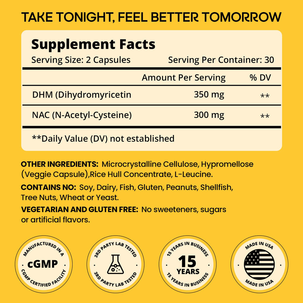 WELESSENTIALS DHM with NAC - 650mg x 60 Capsules - 300mg N-Acetyl-Cysteine, 350mg Dihydromyricetin - Max Strength Dietary Supplement for Liver Support, Hydration