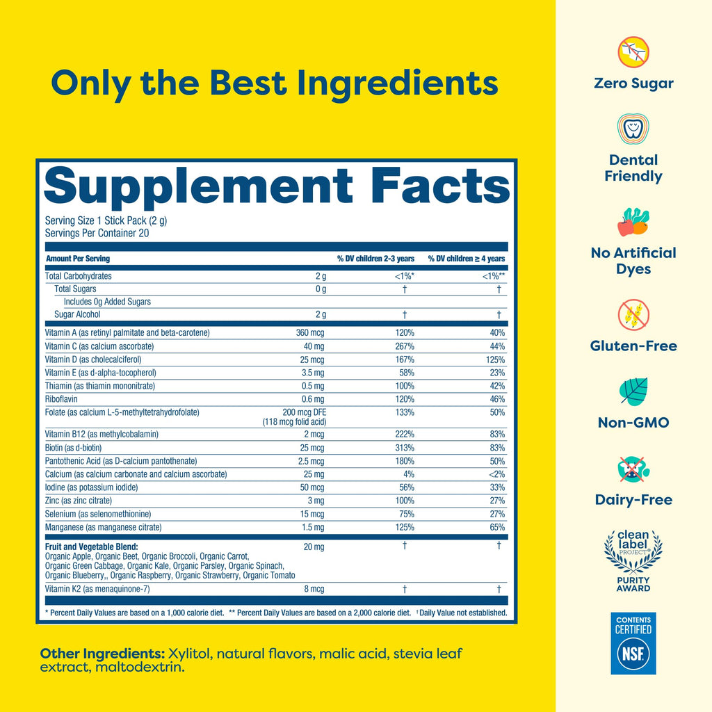 HIYA Kids Daily Multivitamin Powder, 15+ Vitamins & Minerals, 20 Sticks