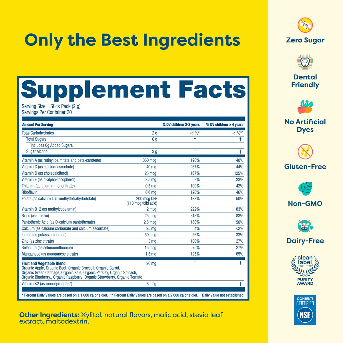 HIYA Kids Daily Multivitamin Powder, 15+ Vitamins & Minerals, 20 Sticks