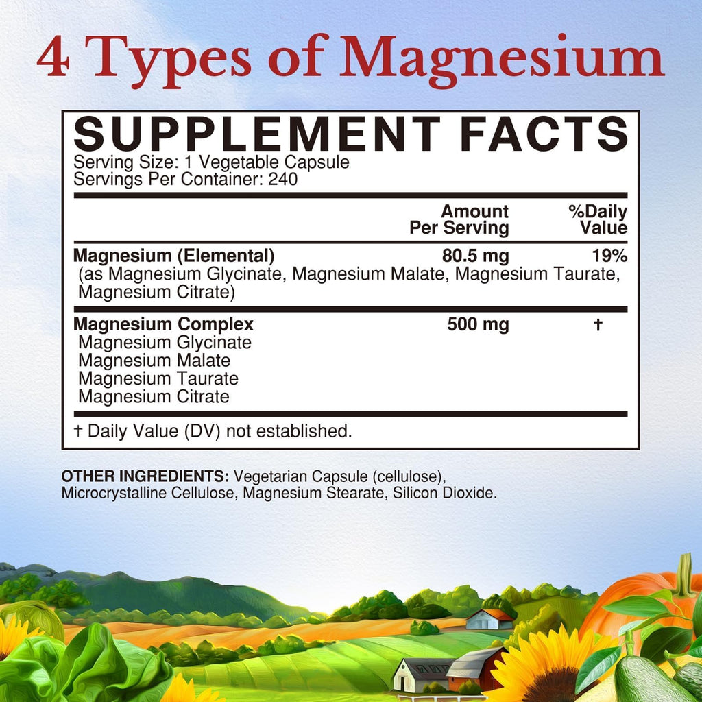 Vitalitown Magnesium Complex Supplement 500mg - NSF Certified Magnesium Glycinate, Malate, Taurate & Citrate - Chelated High Absorption & Gentle on Stomach - Vegan Non-GMO 240 Capsules