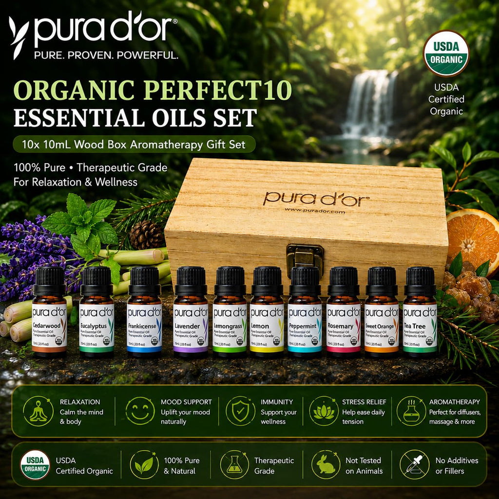 PURA D'OR Organic Perfect10 Essential Oils Aromatherapy Box Set, 10mL x10