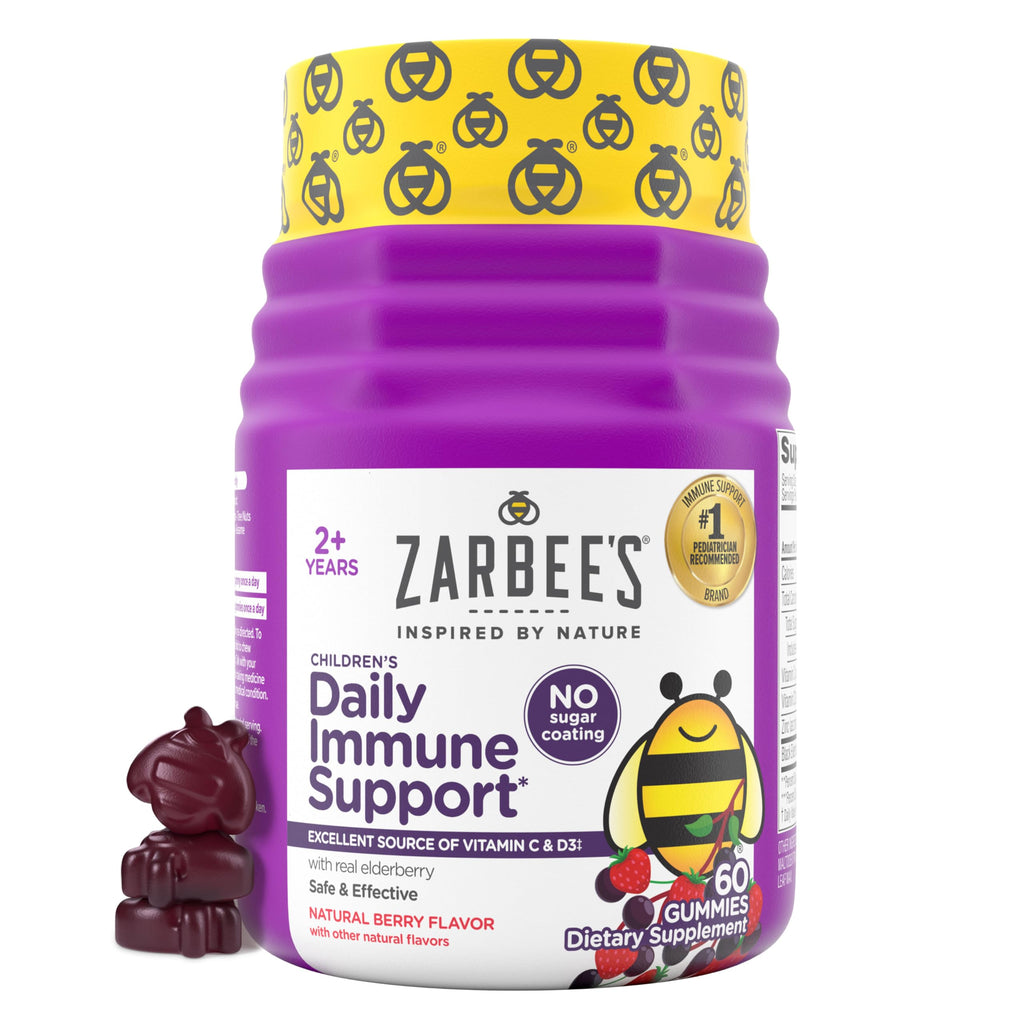 Zarbee's Kids Elderberry Immune Support Gummies, No Sugar Coating, 60 ct | For Ages 2+ Years, No Sugar Coating, Vitamins C D3 & Zinc, Elderberry, Supports Healthy Immune System, No Artificial Flavors