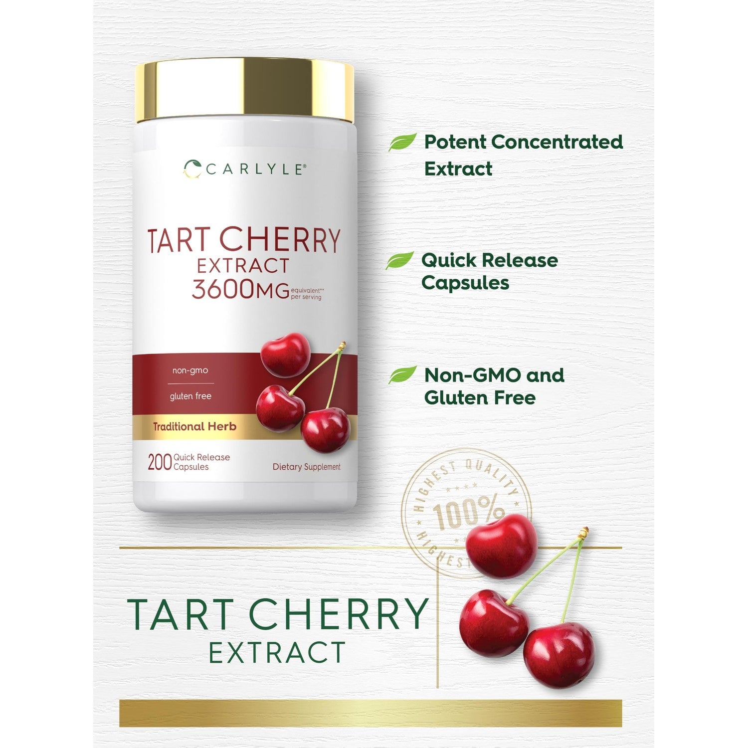 Carlyle Tart Cherry Extract Capsules | 200 Count | Non-GMO and Gluten Free Formula | Traditional Herb Supplement