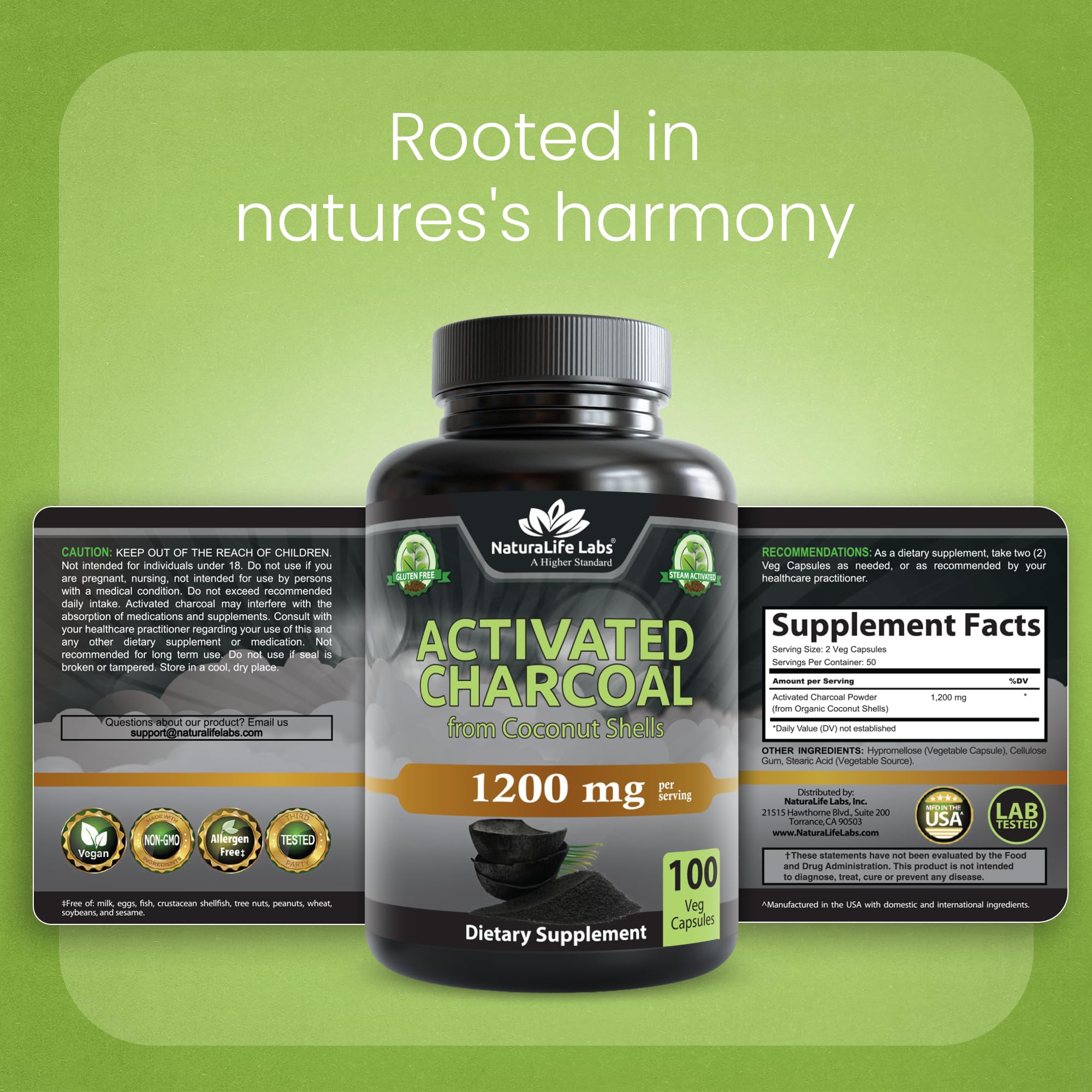 NaturaLife Labs Activated Charcoal 1200 mg per Serving – from Coconut Shells – 100 Veg Capsules – Non-GMO, Gluten-Free, Vegan