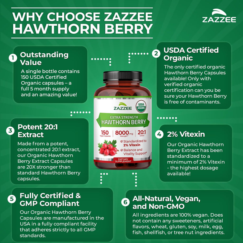 Zazzee USDA Organic Hawthorn Berry 20:1 Extract, 2% Vitexin, 150 Capsules