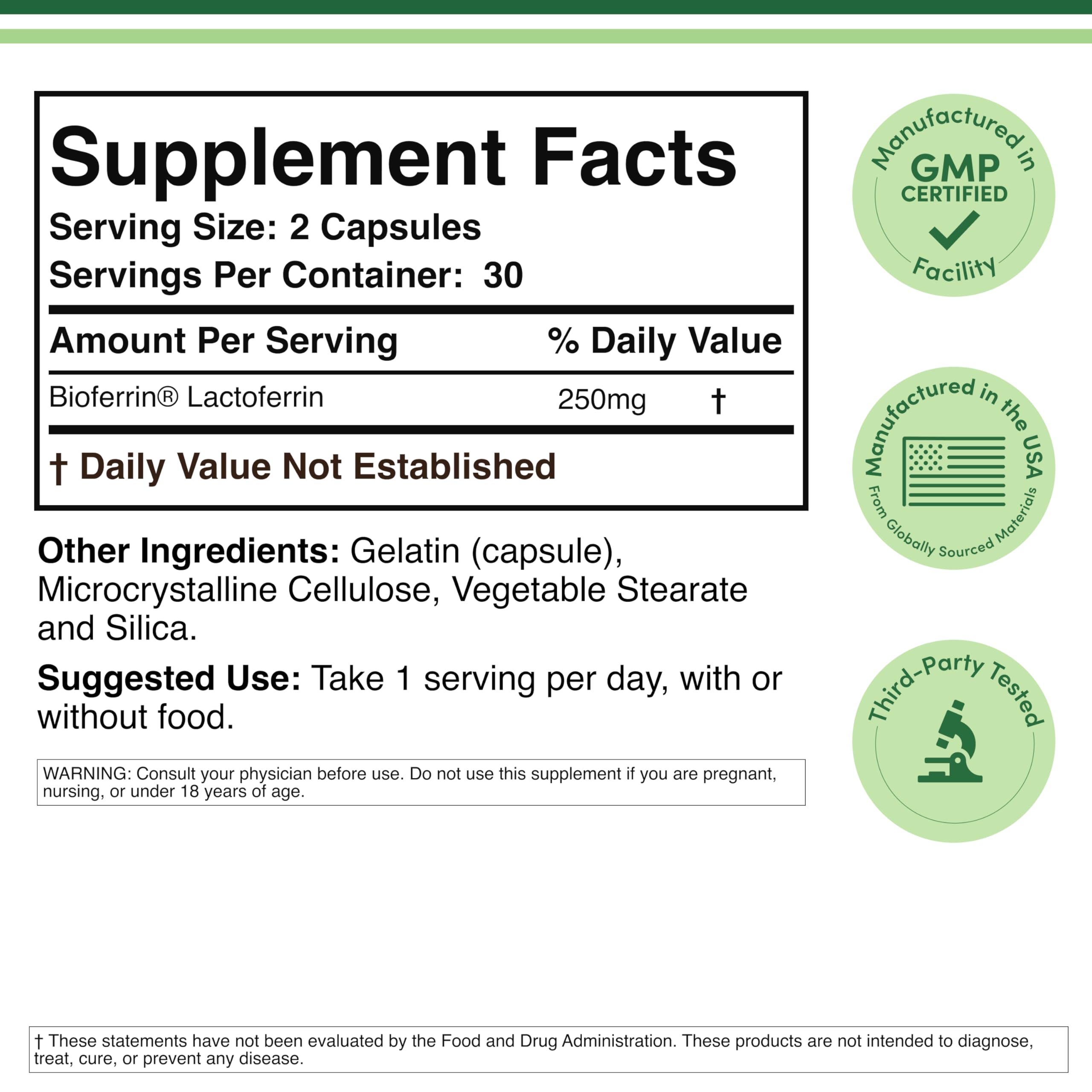 Lactoferrin 250mg Bioferrin, Immune, Gut + Iron Absorption, 60 Capsules | Immune, Gut + Iron Absorption Supplement, Patented Bioferrin, 250mg per Serving, Partially Iron-Saturated, No Taste