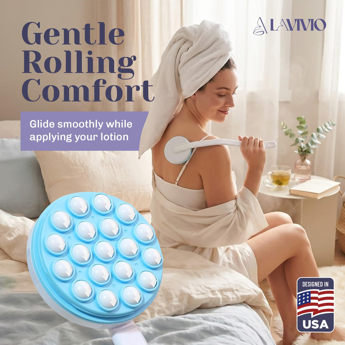 Lotion Applicator for Back - Back Lotion Applicator for Women and Men - 19 Massaging Rollers for Soothing Relief - Long Handle, Easy Application - Ideal for Elderly, Perfect for Cream & Lotion