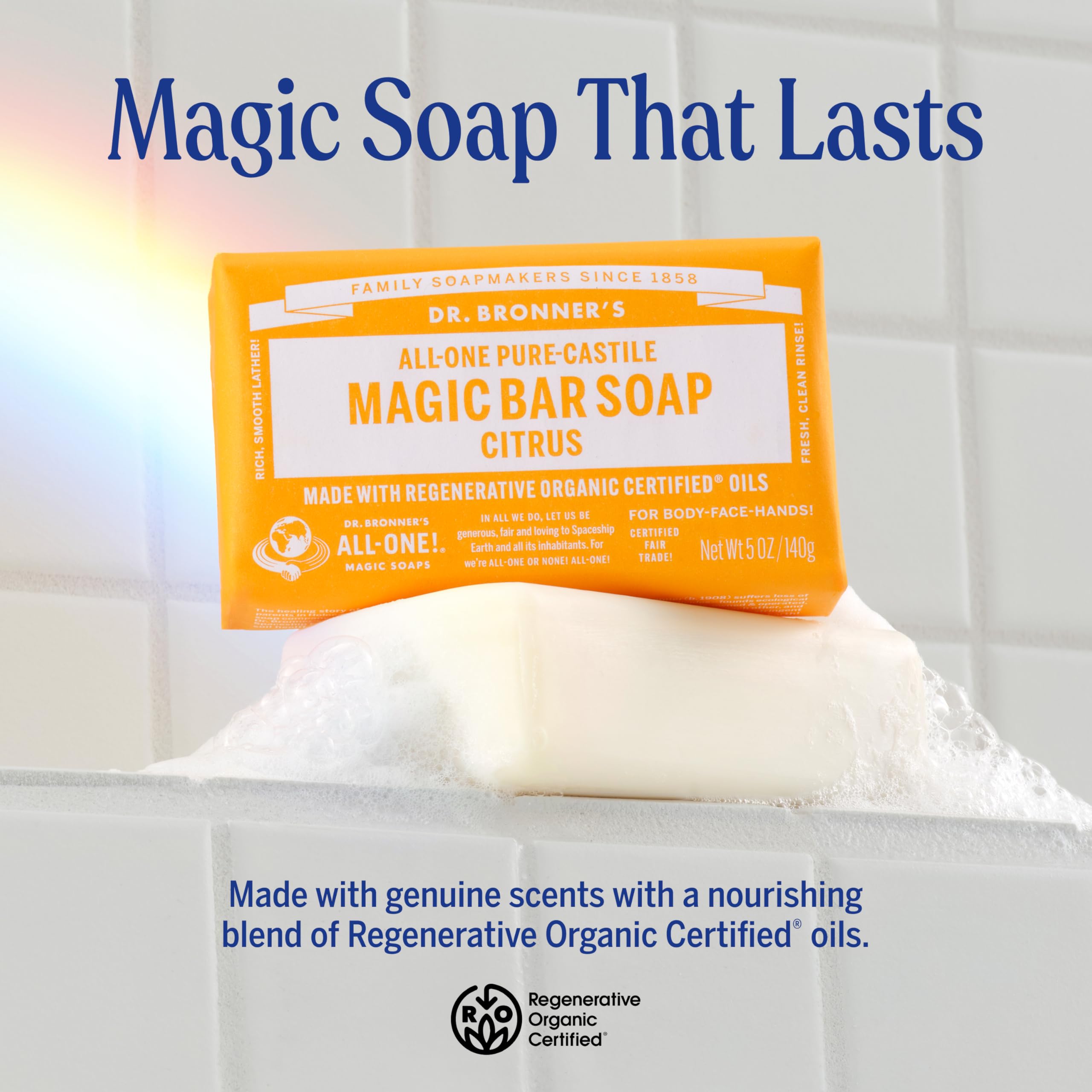 Dr. Bronner's Pure-Castile Magic Soap Bar (Citrus, 5 oz, 6-Pack)- Bath Soap with Regenerative Organic Certified Oils - For Face, Body & Hair - Gentle, Vegan - Bars for Men & Women
