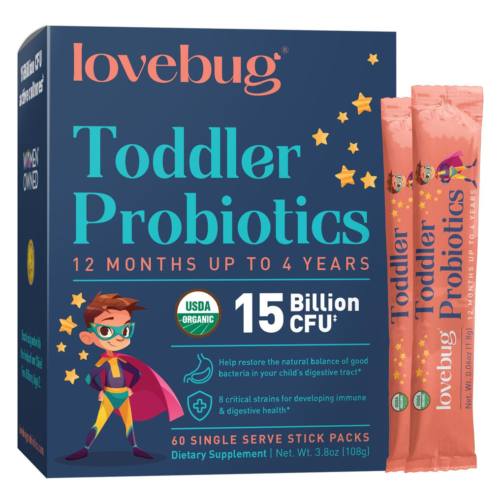 LOVEBUG Kids Probiotic Powder with Prebiotic Fiber - Toddler Immunity Support & Constipation Relief - USDA Organic Probiotics for Childrens Gut & Digestive Health (Ages 1-4) - 30 Pack (Unflavoured)