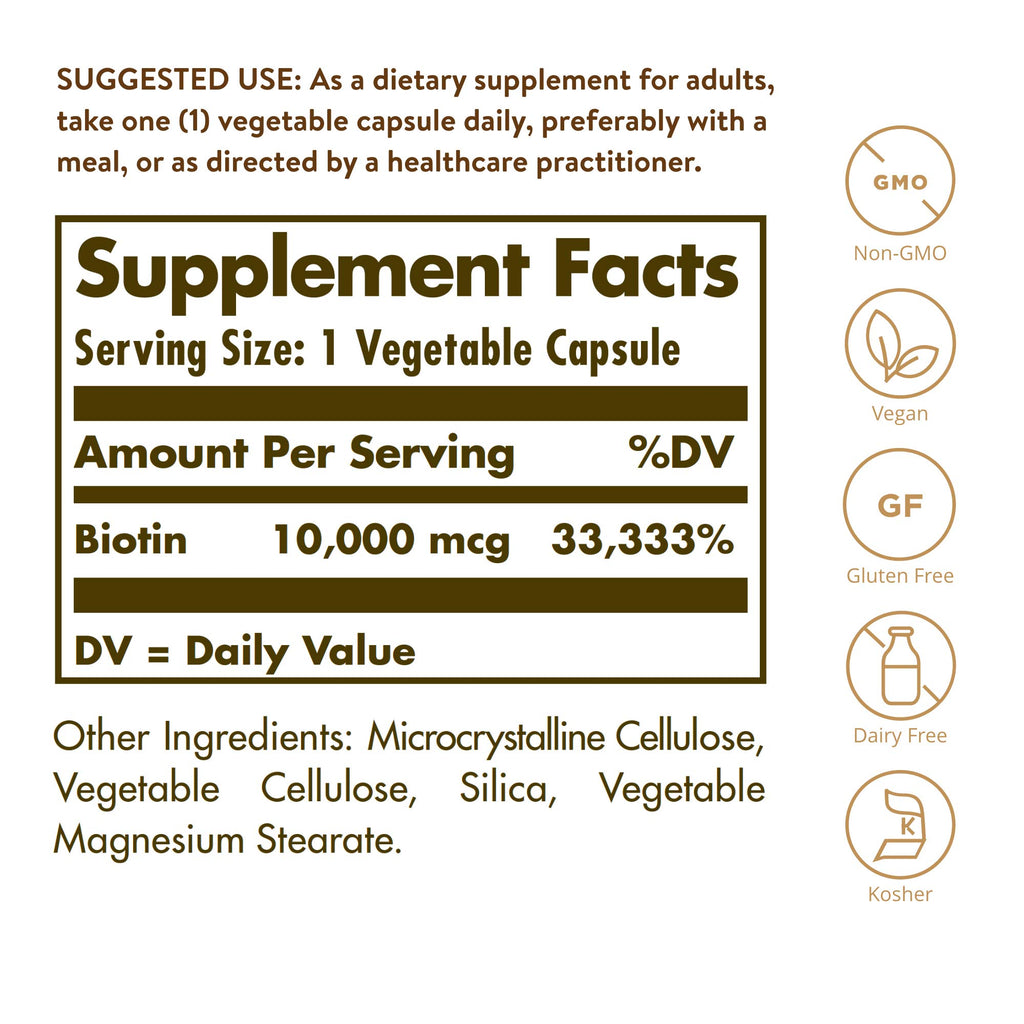 Solgar Biotin 10,000 mcg, 120 Vegetable Capsules - Non-GMO, Gluten Free | Helps Support Hair and Skin - 120 Capsules