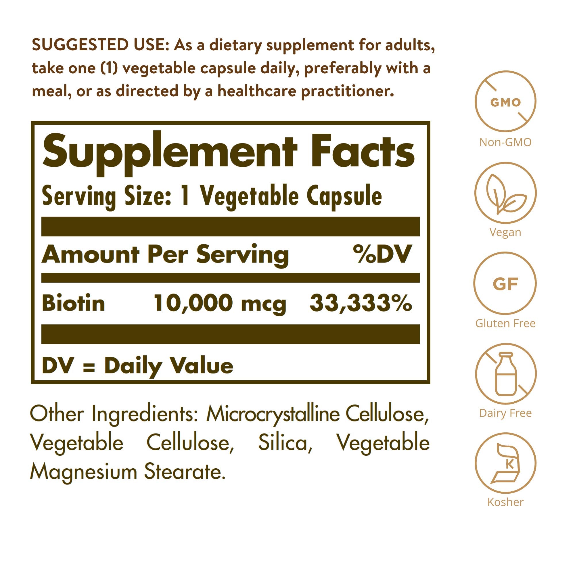 Solgar Biotin 10,000 mcg, 120 Vegetable Capsules - Non-GMO, Gluten Free | Helps Support Hair and Skin - 120 Capsules