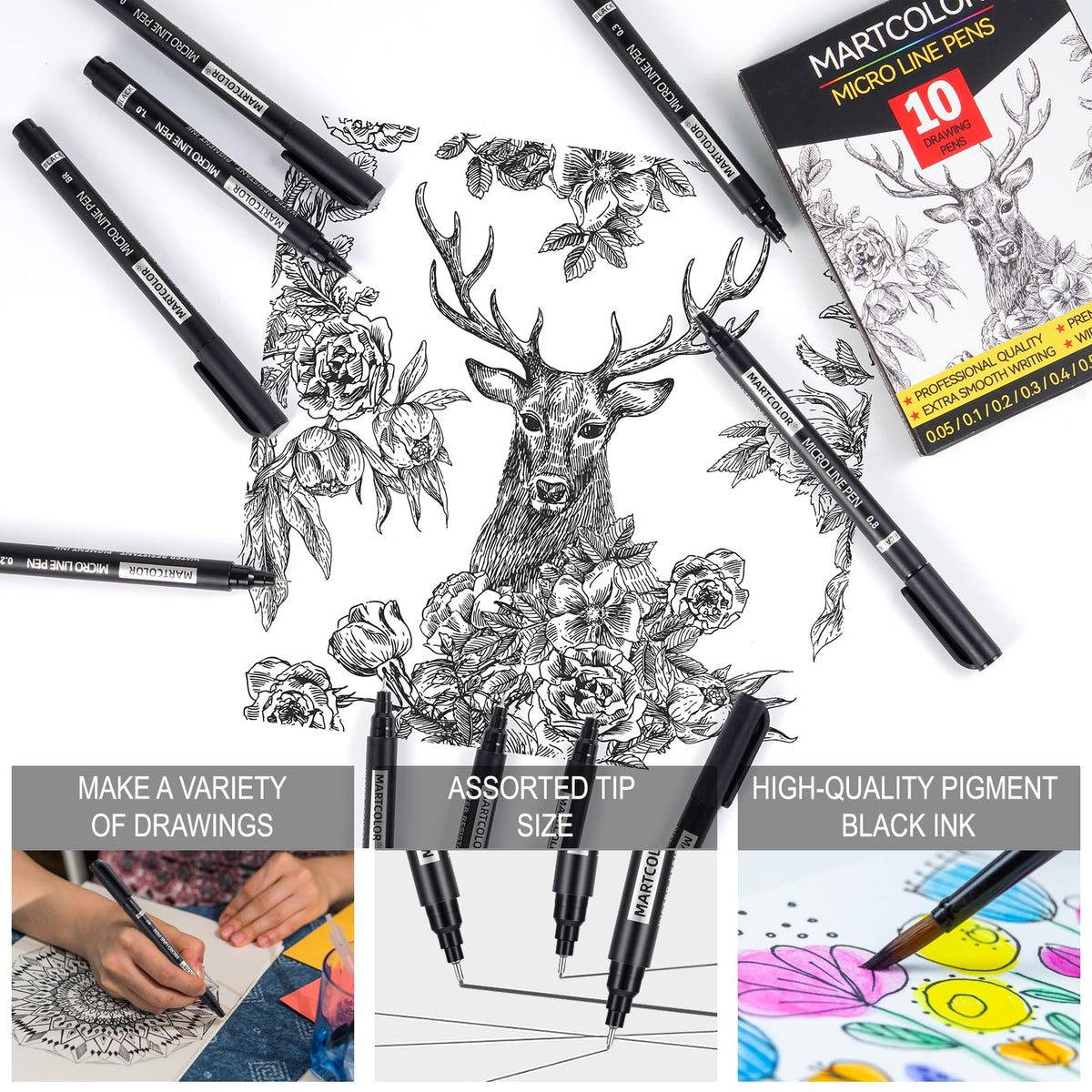 MARTCOLOR Micro Pen Fineliner Pens, 10 Size Black Archival Ink Pens